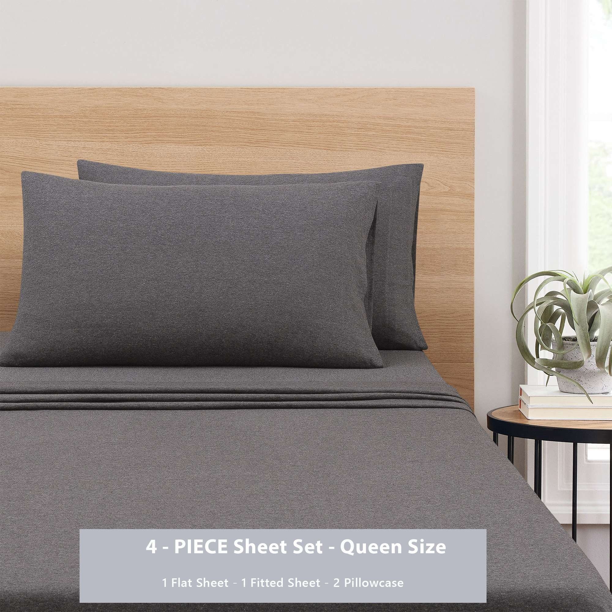 Mainstays Cotton Rich Extra Soft Jersey Bed Sheet Set, Queen, Charcoal, 4 Pieces - Image 4